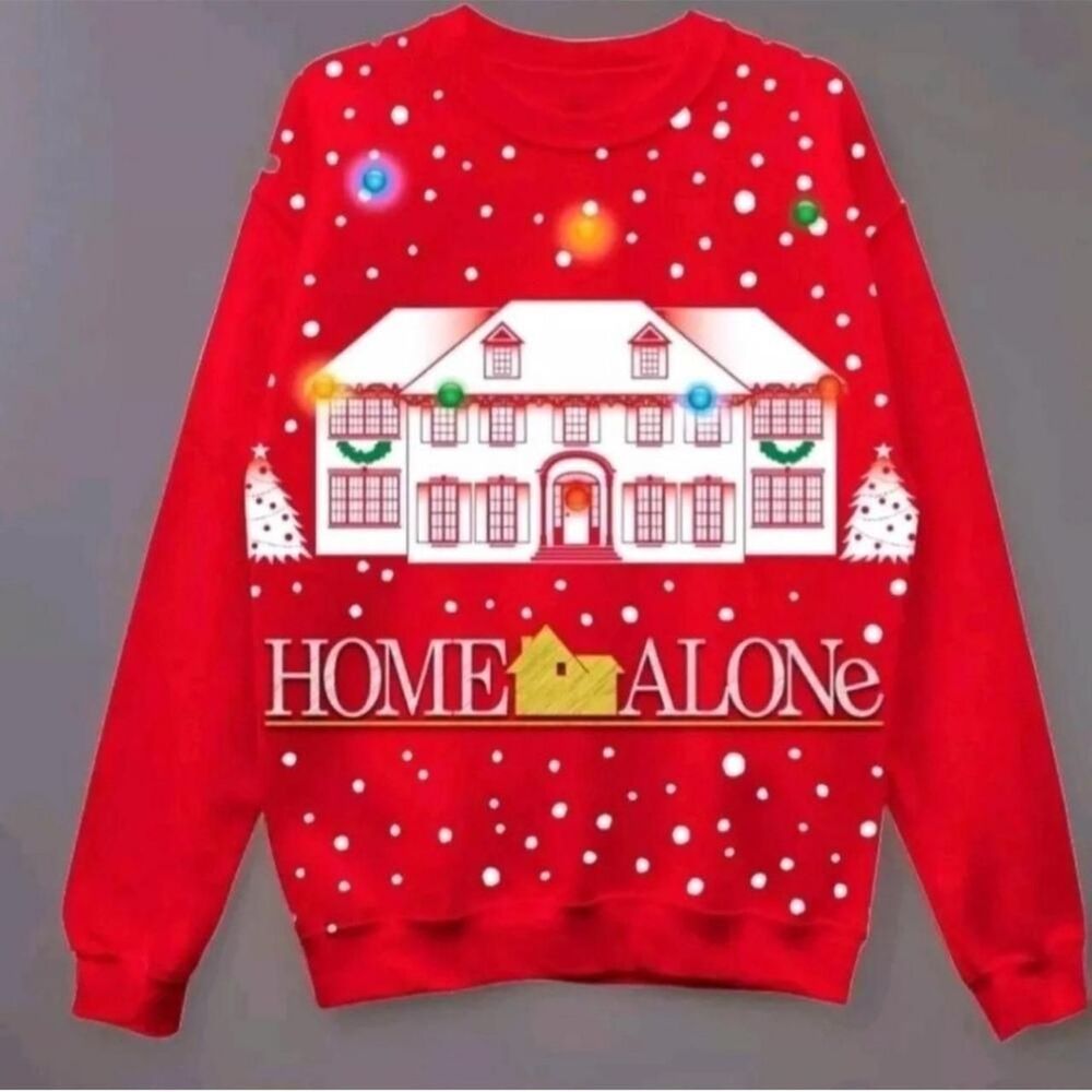New Men's Home Alone House Light Up Fleece Crewneck Pullover Sweatshirt - ReD